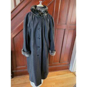 Vintage Donnybrook Black Wool Faux Fur Trim Trench Coat Size XL